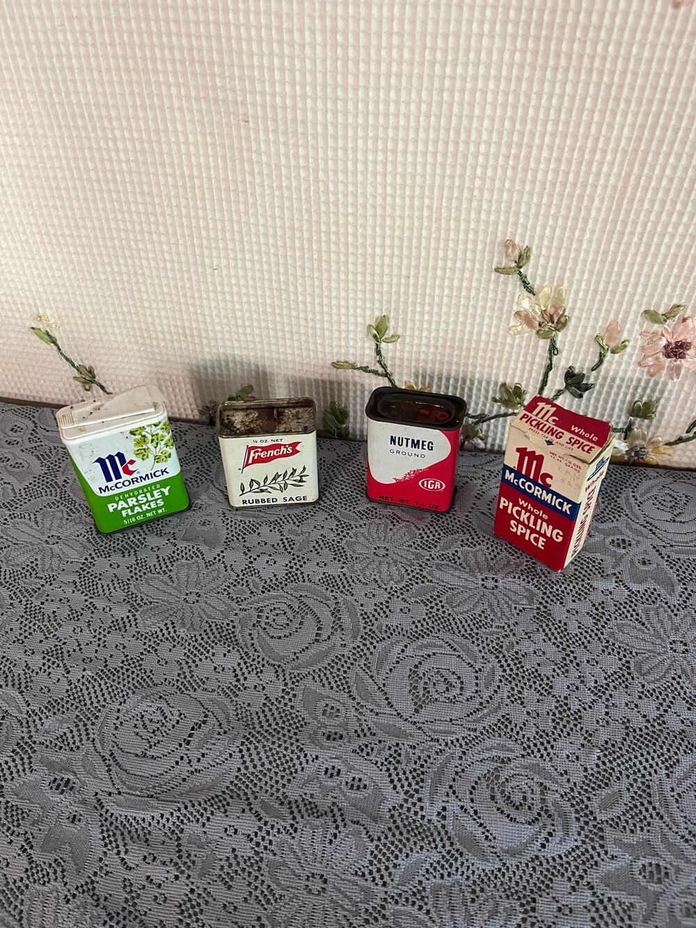 Vintage Spice Tin Lot of 4 McCormick French's IGA Nutmeg Sage Parsley Pickling